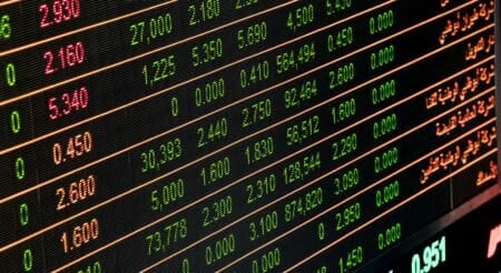 Detailed view of a stock market screen showing numbers and data, symbolizing financial trading.